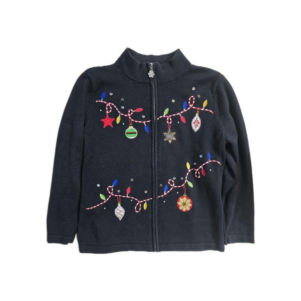 Nouveaux Women's  Christmas Sweater  1X Lightls Black Knit Ramie Y2K